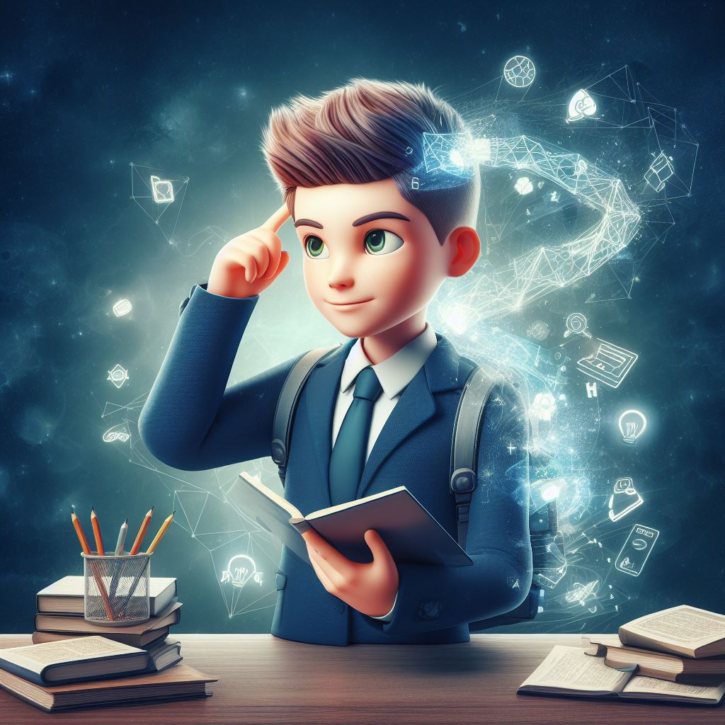 3d illustration of someone smarter when he was in elementary school than when he was in high school with a learning atmosphere background